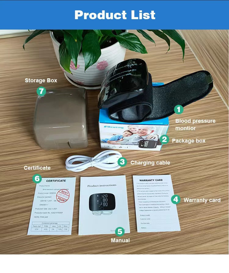 Rechargeable Wrist Blood Pressure Monitor – One-Touch Operation, Touch Screen, Voice Guidance